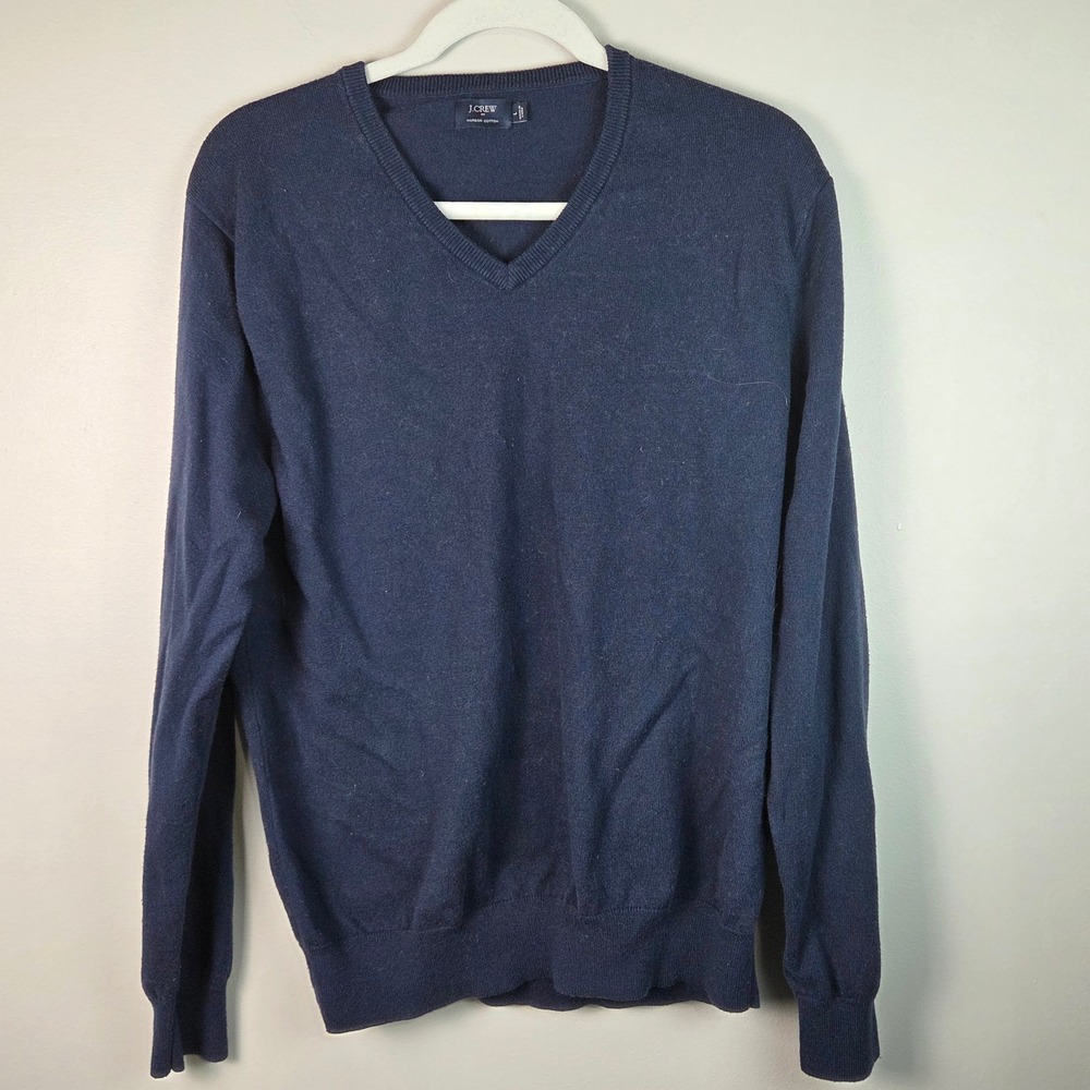 J.Crew V-Neck Sweater Mens L Navy Blue Excellent Harbor Cotton Merino F4697
